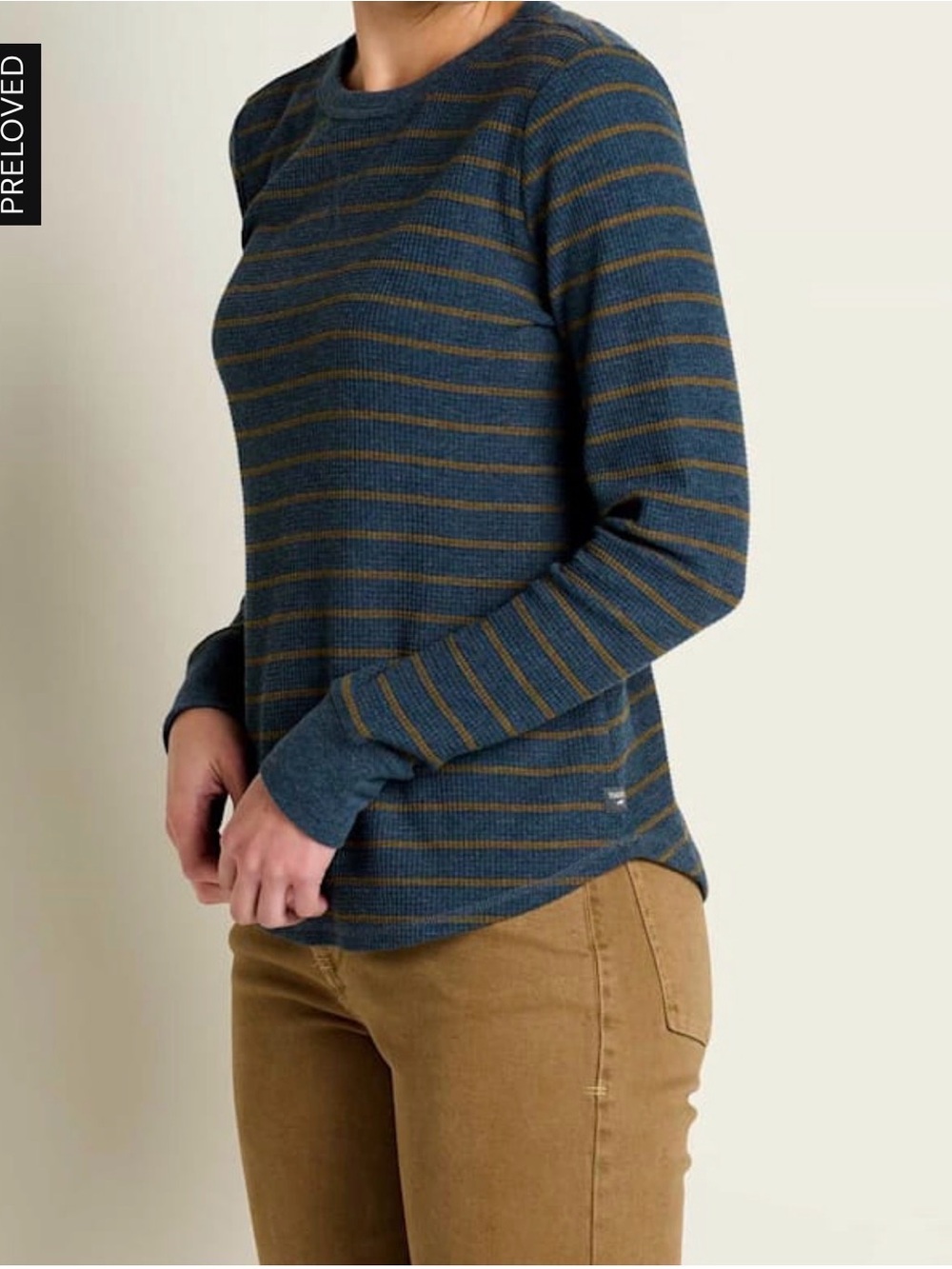 Toad&Co Blue and Olive Striped Long-Sleeve Crew organic cotton size small